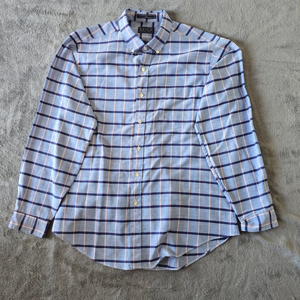 Vintage 80's Levis Fitted Shirt Men XL Blue Purple Plaid Button Down South Korea